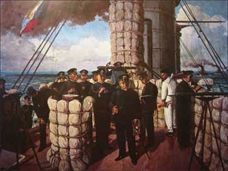 Painting of Admiral Togo on the bridge of the Japanese battleship Mikasa, before the Battle of Tsushima in 1905