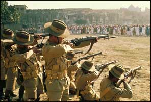 Soldiers firing on unarmed pilgrims. 