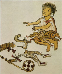Aztec mother goddess Calicoes giving birth to Huitzilopochtli.
