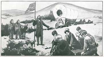 A pictorial representation of Spalding holding the flag while Whitman and the 2 women are kneeling. 