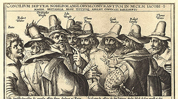A contemporary engraving of eight of the thirteen conspirators, by Crispijn van de Passe. Missing are Digby, Keyes, Rookwood, Grant, and Tresham.