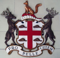 HBC coat of arms, showing the Latin motto pro pelle cutem: "a skin for a skin."