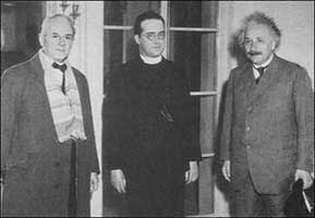 Einstein meets his mentor, Jesuit priest Georges Lemaître (1894-1966), during a visit to California in 1933. On the left is Caltech president Robert Millikan.