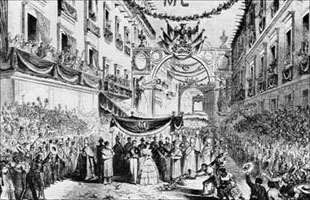The staged reception for their imperial majesties as they entered Mexico City in regal splendor on June 12, 1864. 