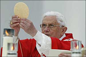 Pope Benedict adores the unleavened bread host. 