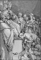 Emperor Henry bowing before Pope Gregory VII.