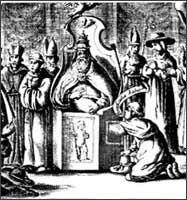 Pope Innocent X seated on the sedia stercoraria while his sex is checked by a priest. 