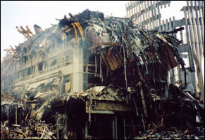 Twin Towers rubble after the demolition. 